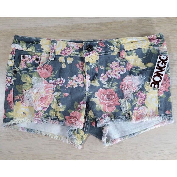 BONGO Pants - BONGO Booty Shorts Floral Low Rise Mini Size 9 Distressed Cut Off Denim Y2K